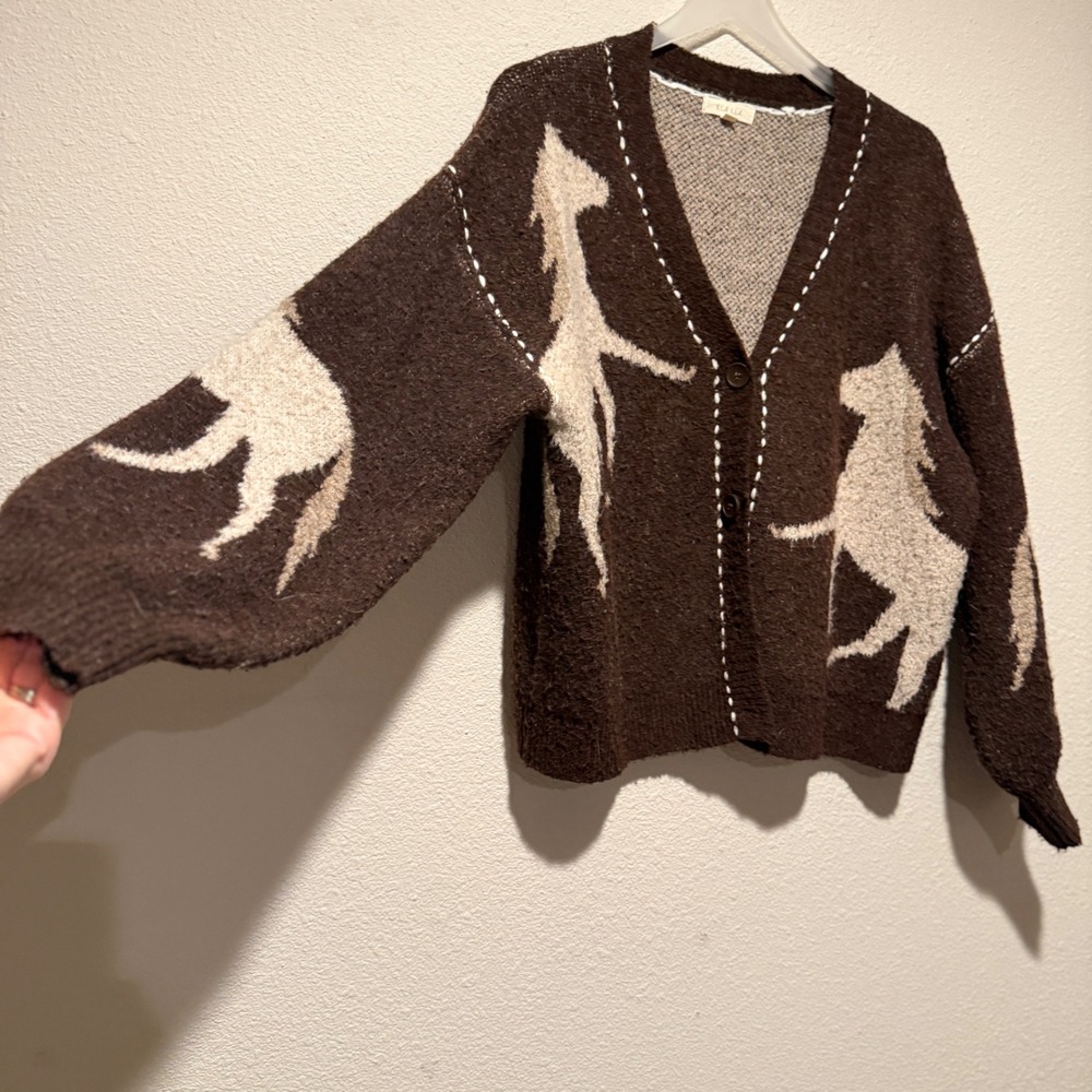 Illa Illa Womens Brown Horse Intarsia Knit Cardigan Sweater Whipstitch S/M - Picture 5 of 7
